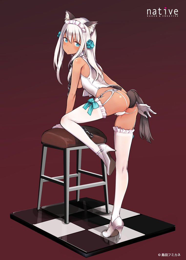 1girl anal_tail animal_ear_fluff animal_ears aqua_bow aqua_eyes aqua_flower arm_support ass backless_panties bare_shoulders blush bow bow_legwear breastless_clothes breasts chain collar collar_chain commentary_request dark-skinned_female dark_skin dog_ears dog_tail expressionless fake_animal_ears fake_tail faux_figurine flower frilled_hairband frilled_thighhighs frills full_body garter_belt garter_straps gloves gradient_background hair_flower hair_ornament hairband high_heels jacket leg_up long_hair looking_at_viewer looking_back medium_breasts official_art original panties shimada_fumikane sleeveless sleeveless_jacket solo stool tail thighhighs tile_floor tiles underwear white_collar white_footwear white_gloves white_hair white_hairband white_jacket white_panties white_thighhighs