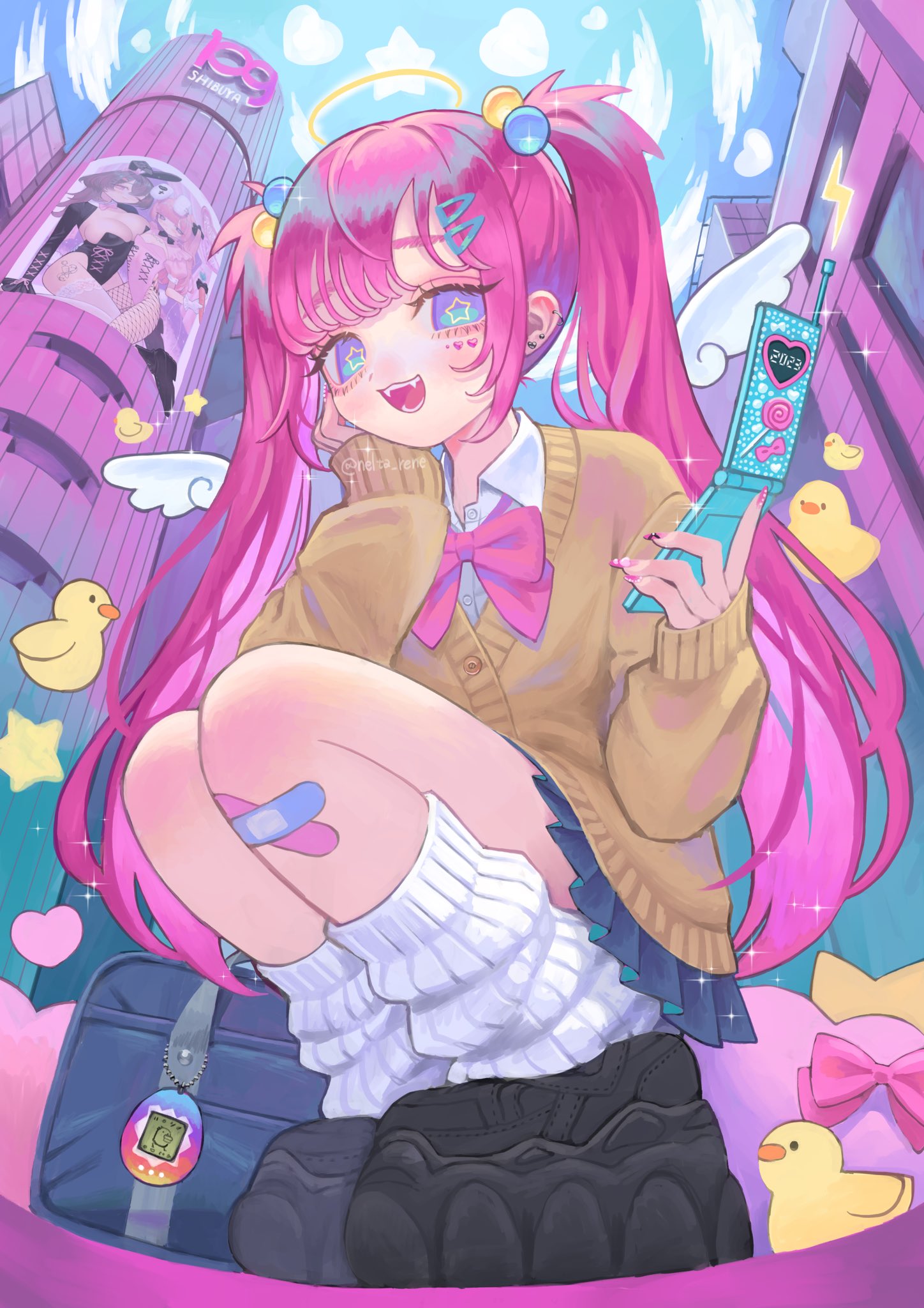 1girl 2023 :d bag bandage_on_leg bangs blue_bag blue_eyes bow bowtie breasts building cloud collared_shirt day ear_piercing earrings eyelashes fangs from_below gyaru hair_bobbles hair_ornament hairclip hand_on_own_cheek hand_on_own_face heart heart_stickers highres holding holding_phone jewelry large_breasts lightning_bolt_symbol logo long_hair long_sleeves looking_at_viewer loose_socks nail_polish nelta_rene open_mouth original outdoors phone piercing pink_bow pink_bowtie pink_hair pink_nails playboy_bunny poster_(object) rubber_duck school_bag shirt sky smile socks solo sparkle squatting star-shaped_pupils star_(symbol) stud_earrings sweater symbol-shaped_pupils tamagotchi teeth twintails twitter_username