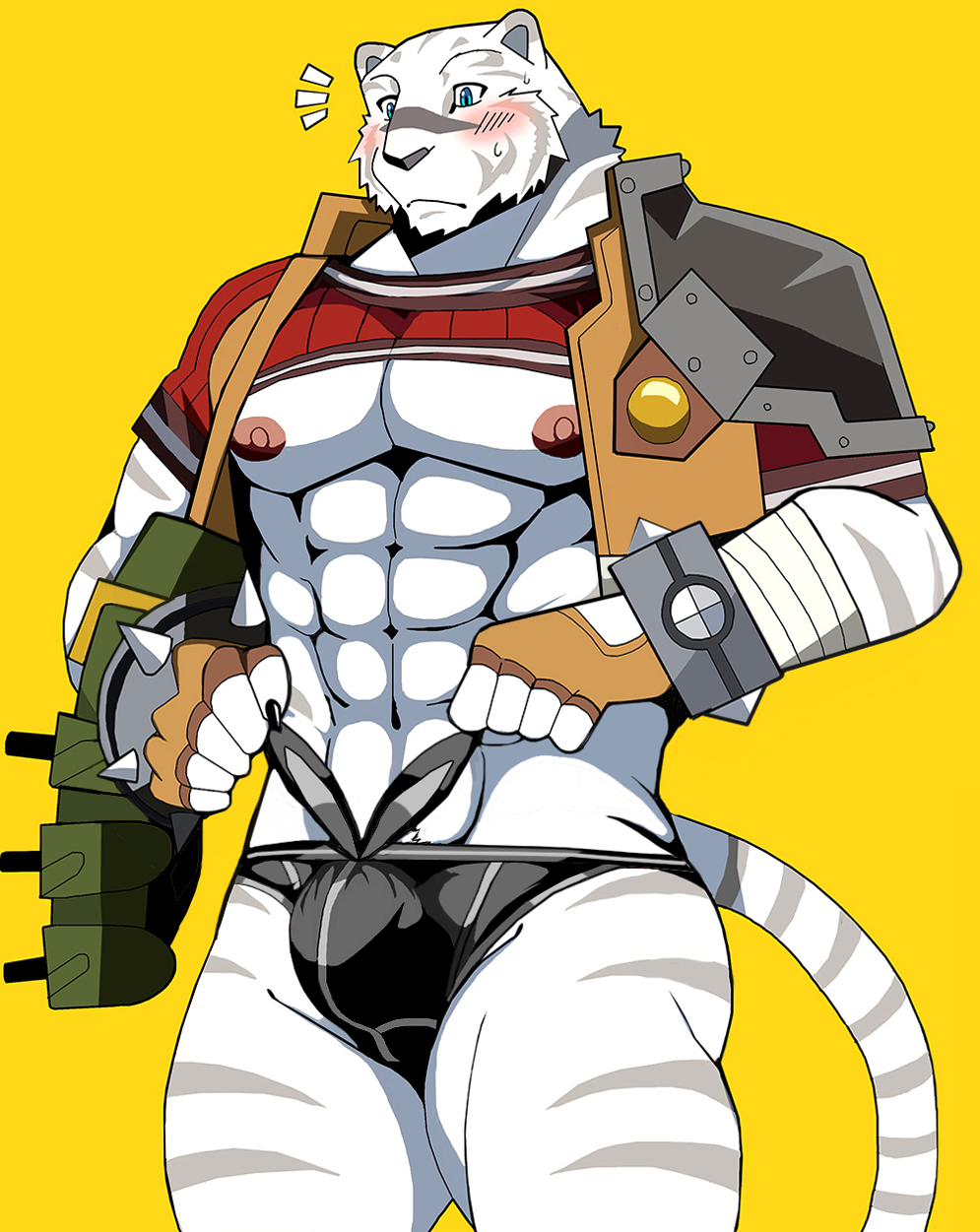 2023 5_fingers abs anthro armor armwear bearlovestiger13 blue_eyes blush bracers bulge claws clothed clothing felid finger_claws fingerless_gloves fingers fur gloves grimoire_of_zero handwear hi_res male mammal mercenary_(character) nipples pantherine partially_clothed pecs shirt simple_background solo striped_body striped_fur stripes t-shirt the_dawn_of_the_witch tiger topwear underwear vest weapon white_body yellow_background