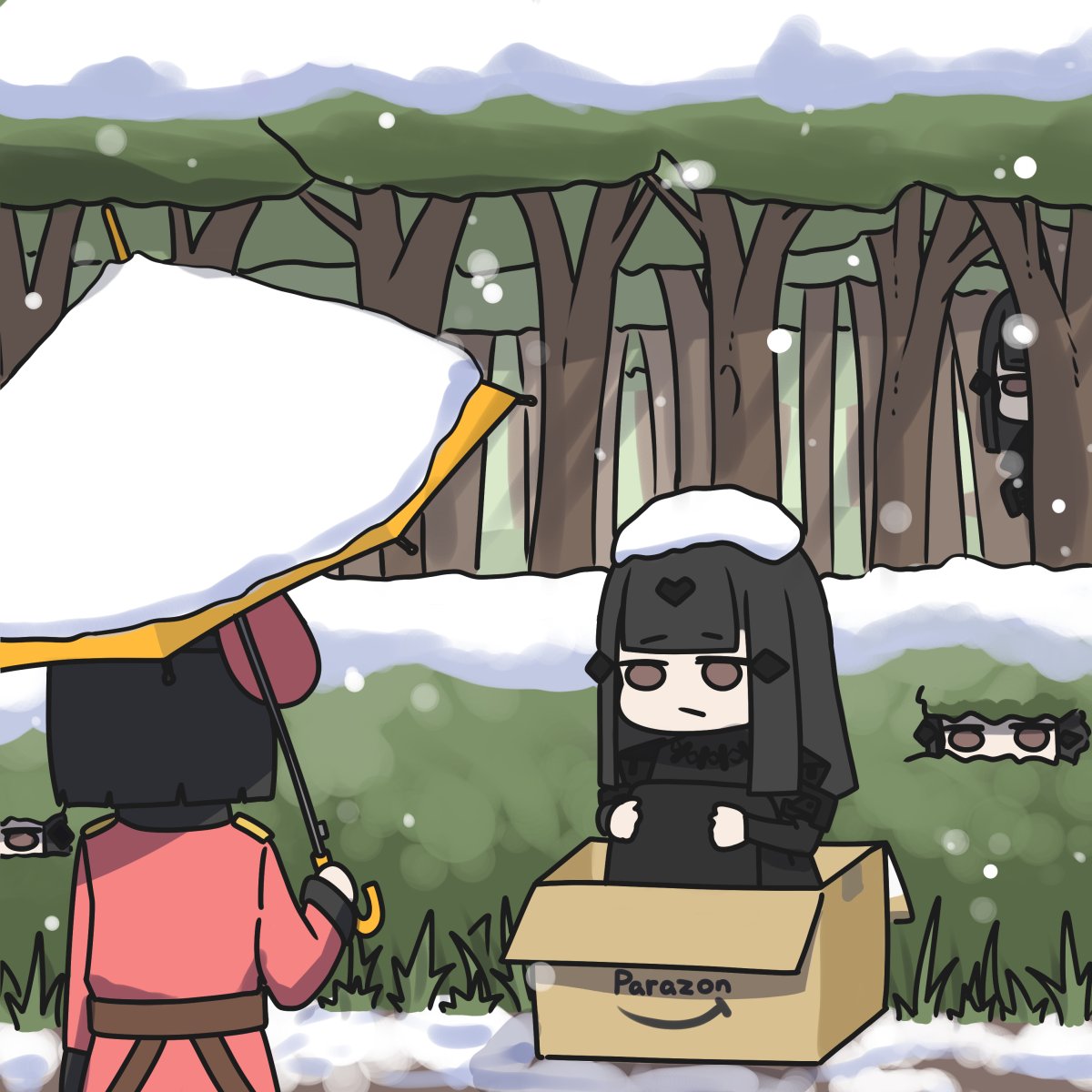 1other 3girls amazon_(company) ambiguous_gender box bush cardboard_box commander_(girls'_frontline) for_adoption forest girls'_frontline highres holding holding_umbrella homeless in_box in_container mojamozanari multiple_girls nature nyto_(generic)_(girls'_frontline) nyto_(girls'_frontline) sad snow snowing umbrella