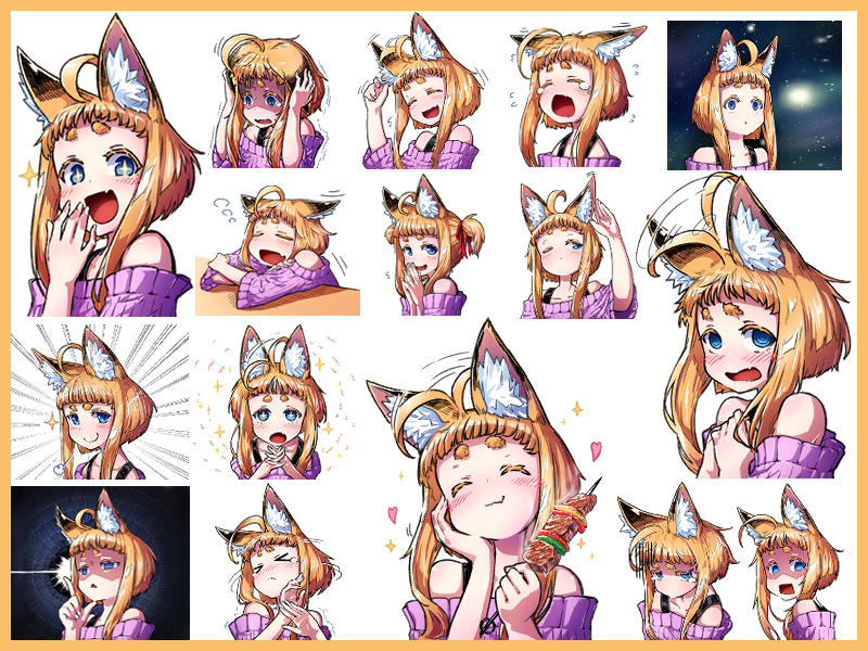 +_+ 1girl :d ^_^ afterimage ahoge ahoge_wag animal_ear_fluff bare_shoulders blonde_hair blue_eyes blush closed_eyes closed_mouth collarbone colored_eyelashes commentary_request expressive_hair fang flying_sweatdrops food fox_girl holding holding_food jaco long_hair multiple_views off-shoulder_sweater off_shoulder original purple_sweater short_eyebrows skewer smile space sweater tears thick_eyebrows white_background