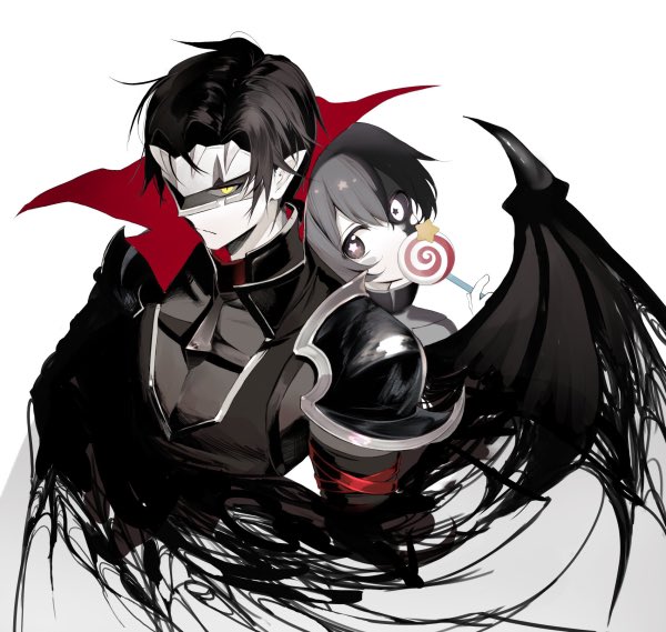 2boys armor black_armor black_cape black_eyes black_hair black_sclera candy cape colored_sclera commentary dark_meta_knight food heterochromia invincible_candy jpeg_artifacts kirby_(series) lollipop male_focus mask mi_(mm) mismatched_sclera multiple_boys pauldrons personification pointy_ears red_cape scar shadow_kirby shoulder_armor simple_background star-shaped_pupils star_(symbol) symbol-shaped_pupils upper_body white_background white_eyes yellow_eyes