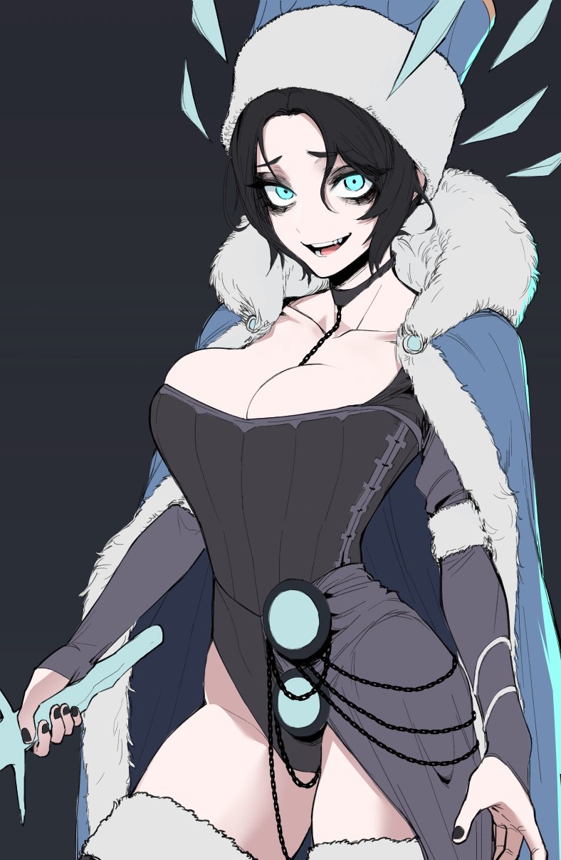 1girl black_eyeshadow black_hair blue_eyes bodice breasts chain chain_leash cleavage collar collarbone dark_background elbow_gloves eyeshadow fingerless_gloves fur-trimmed_thighhighs gloves grey_gloves hat high-low_skirt highleg highres holding holding_sword holding_weapon j.k. large_breasts leash looking_at_viewer makeup short_hair skirt smile sword thighhighs thighs upper_body warhammer_fantasy weapon
