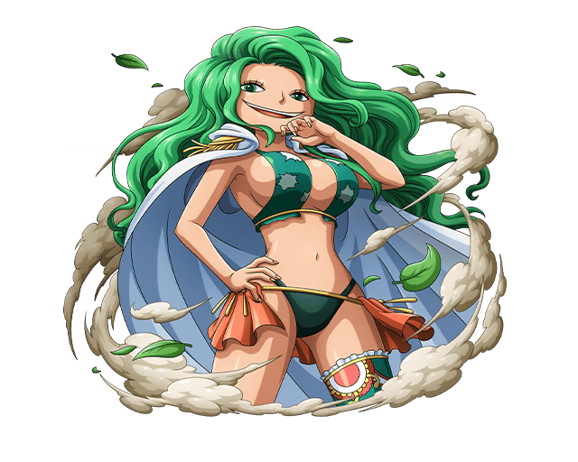 1girl bikini boa_sandersonia breasts cape green_bikini green_eyes green_hair hand_on_hip hand_to_own_mouth large_breasts leaf long_hair navel official_art one_piece one_piece_treasure_cruise open_mouth swimsuit teeth upper_teeth_only