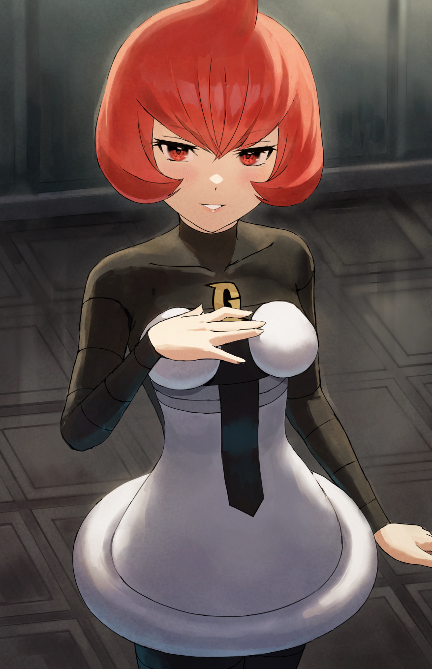 1girl bangs black_pantyhose black_shirt blush breasts commentary_request covered_collarbone dress eyelashes fagi_(kakikaki) hair_between_eyes hand_up highres indoors logo long_sleeves looking_at_viewer mars_(pokemon) pantyhose parted_lips pokemon pokemon_(game) pokemon_dppt red_eyes red_hair shirt short_dress short_hair smile solo standing team_galactic team_galactic_uniform tile_floor tiles white_dress