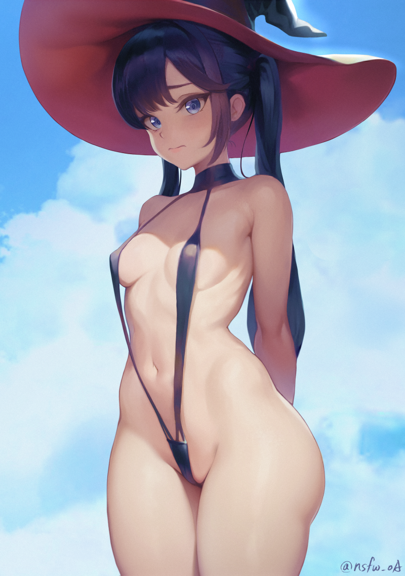 1girl a-o_a alternate_eye_color arms_behind_back black_hair blue_eyes blue_sky breasts closed_mouth cloud cowboy_shot day genshin_impact groin hat long_hair looking_at_viewer mona_(genshin_impact) outdoors paid_reward_available raised_eyebrows sky slingshot_swimsuit small_breasts solo swimsuit thighs twintails wide_hips witch_hat