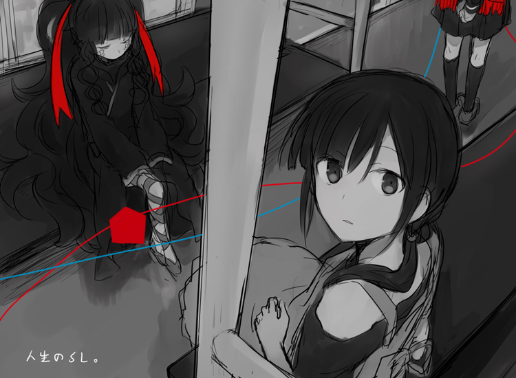 3girls aaniko apron asahina_hiyori azami_(kagerou_project) bangs black_dress black_eyes black_hair black_jacket black_serafuku black_shirt black_skirt black_socks blunt_bangs closed_eyes dress expressionless facing_down fringe_trim greyscale hair_between_eyes hair_ribbon jacket kagerou_project loafers long_hair long_sleeves looking_at_viewer lower_body mekakucity_actors monochrome multiple_girls out_of_frame parted_lips pentagon_(shape) pleated_skirt red_ribbon red_scarf ribbon scarf school_uniform seat serafuku shirt shoes sidelocks sitting sketch skirt socks spot_color standing string string_of_fate tateyama_ayano train_interior upper_body very_long_hair wavy_hair wide_sleeves