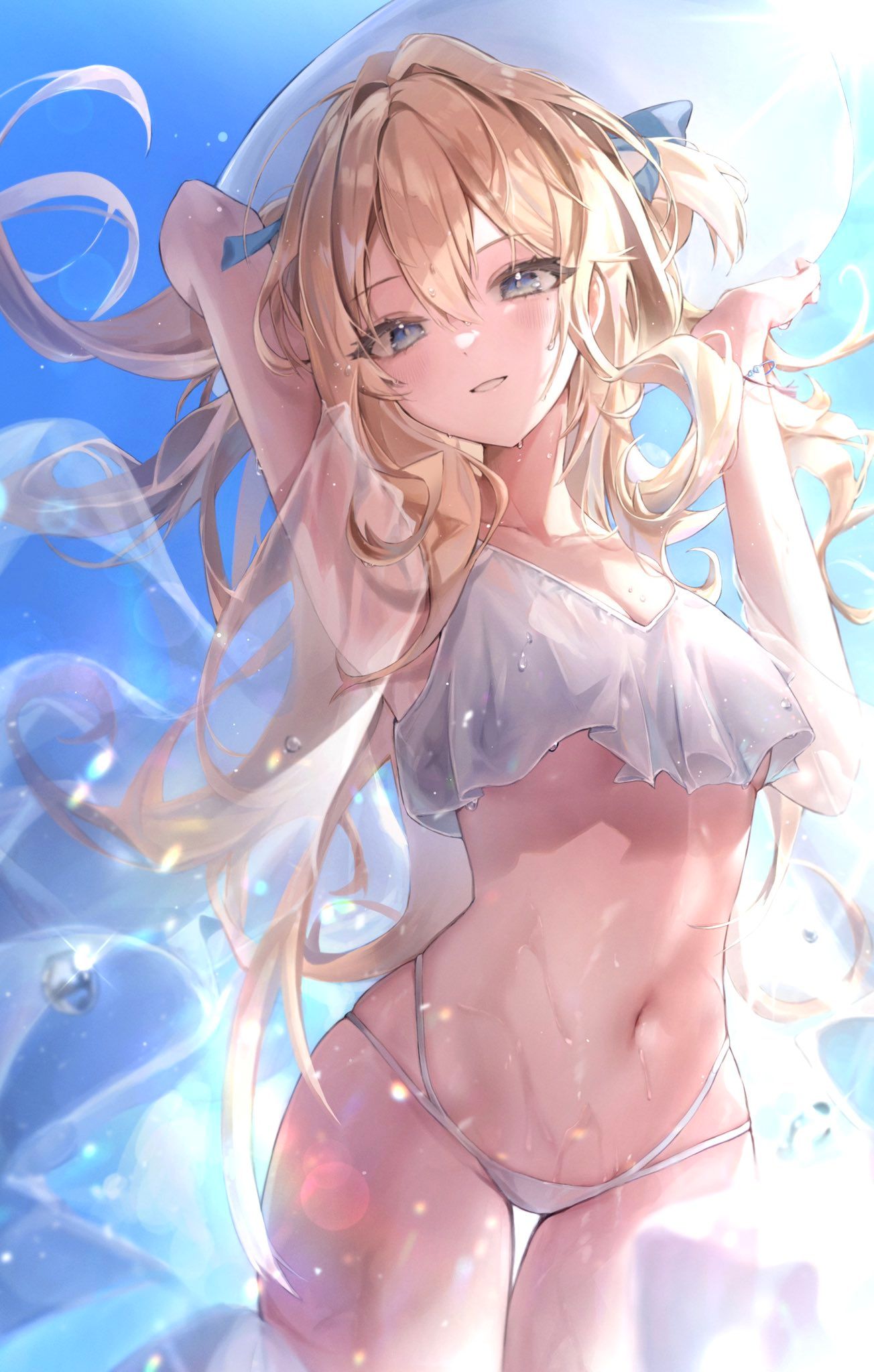 1girl arm_up armpits bikini blonde_hair blue_eyes breasts bubble cleavage commission cowboy_shot day floating_hair grin hand_up hat highres hisiya_(wldn1112) long_hair looking_at_viewer mole mole_under_eye multi-strapped_bikini navel original outdoors second-party_source see-through shawl small_breasts smile solo standing stomach string_bikini sun_hat sunlight swimsuit thighs two_side_up very_long_hair wet white_bikini white_headwear