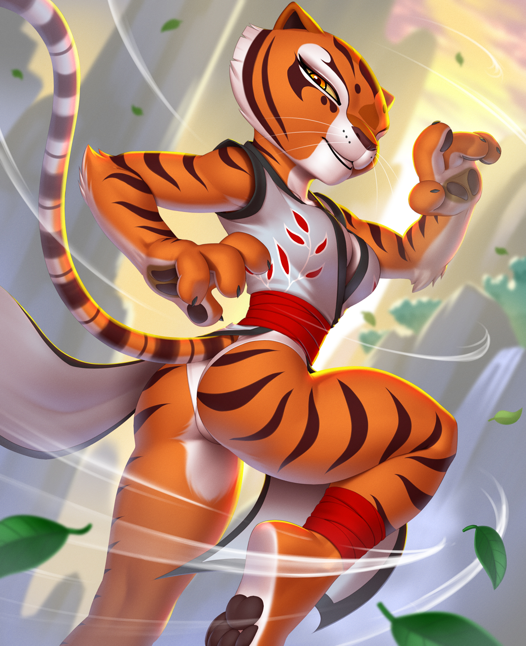2023 4_fingers anthro big_breasts breasts butt claws clothed clothing digital_media_(artwork) dreamworks felid female finger_claws fingers hi_res kung_fu_panda leaf looking_at_viewer mammal master_tigress mountain pak009 pantherine pawpads solo stripes tiger waterfall whiskers wind yellow_sclera