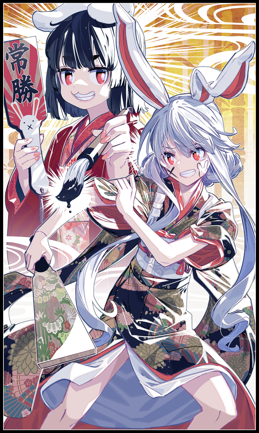 2girls :3 alternate_costume alternate_hairstyle animal_ears animal_print black_border black_hair black_kimono bob_cut border bright_pupils bunny_print calligraphy_brush chinese_zodiac facepaint fingernails floppy_ears floral_print grin hagoita hanetsuki highres holding holding_paintbrush inaba_tewi japanese_clothes kikkoumon kikumon kimono long_fingernails long_hair long_sleeves looking_at_viewer multiple_girls new_year paddle paintbrush rabbit_ears rabbit_girl rabbit_print red_eyes red_kimono reisen_udongein_inaba rolling_sleeves_up short_eyebrows short_hair short_sleeves slit_pupils smile thick_eyebrows touhou very_long_hair white_hair white_pupils wide_sleeves year_of_the_rabbit zounose