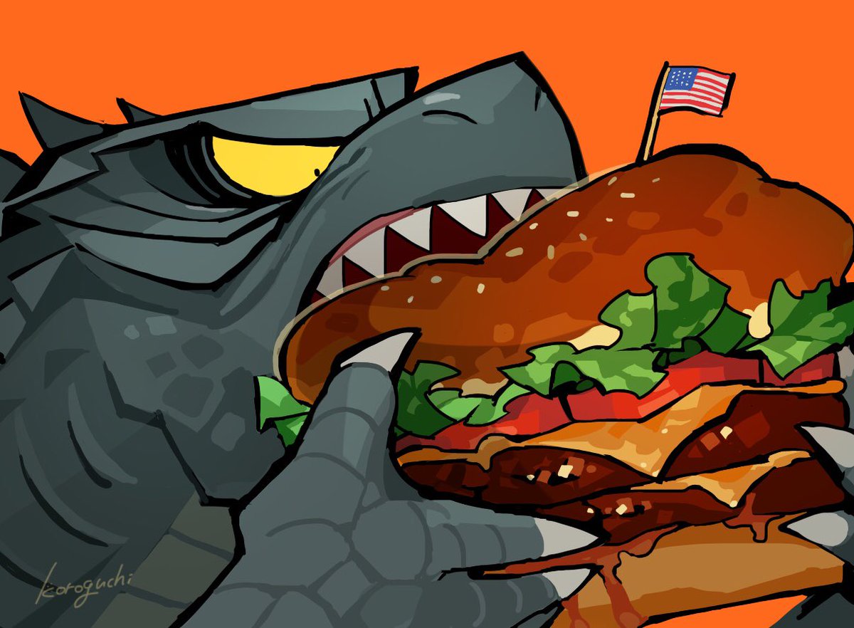 2018 angry angry_eyes big_food bite black_eyes bread burger cheese claws close-up dairy_products detailed eating eating_food feral flag food fruit gills godzilla godzilla_(2014) godzilla_(series) grease grey_body grey_nose grey_scales grey_skin gums holding_burger holding_food holding_object kaiju koroguchi lettuce looking_down male meat monster nude open_mouth orange_background plant portrait pupils raised_arm raised_arms reptile scales scalie sesame_seeds shadow sharp_claws sharp_teeth signature simple_background small_pupils solo spikes spikes_(anatomy) star stars_and_stripes stripes teeth toho tomato toony united_states_of_america vegetable yellow_sclera