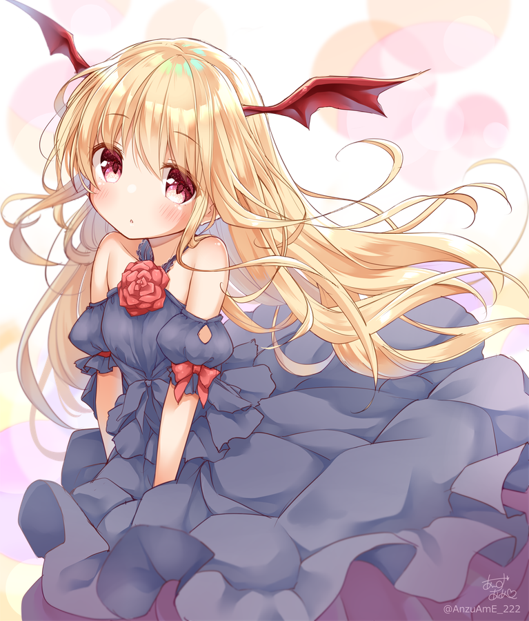 1girl anzu_ame bare_shoulders bat_wings black_dress blonde_hair blush dress flower head_wings long_hair looking_at_viewer pointy_ears red_eyes rose shingeki_no_bahamut smile solo vampire vampy wings