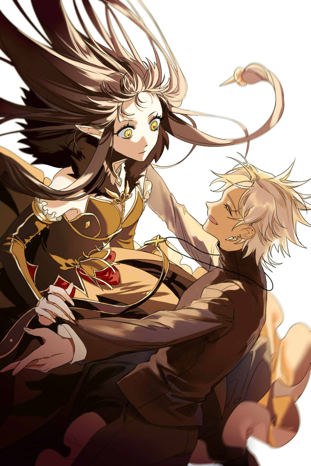 1boy 1girl amakusa_shirou_(fate) black_dress black_hair black_pants black_shirt closed_eyes cross cross_necklace detached_sleeves dress earrings easel_(dam0628) fate/apocrypha fate/grand_order fate_(series) floating_hair fur_trim grey_hair highres jewelry long_hair multicolored_clothes necklace pants pointy_ears semiramis_(fate) shirt short_hair simple_background smile tan white_background yellow_eyes