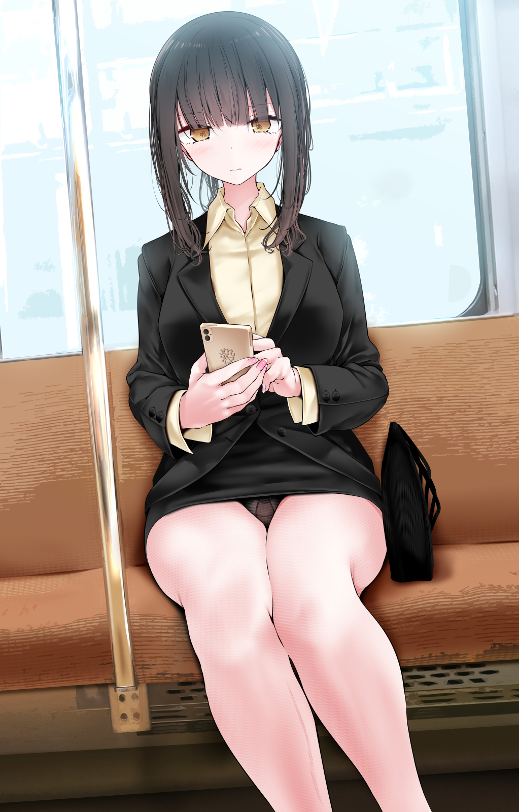 1girl accidental_exposure bag bangs bench black_hair black_panties black_skirt black_suit blazer blunt_bangs blush breasts brown_eyes brown_hair business_suit cellphone closed_mouth collared_shirt commentary_request dress_shirt feet_out_of_frame formal handbag highres holding holding_phone jacket kouhai-chan_(oouso) lapels large_breasts lingerie long_hair long_sleeves looking_at_viewer medium_hair miniskirt nail_polish notched_lapels office_lady oouso original panties panties_under_pantyhose pantyhose pantyshot pencil_skirt phone pink_nails ponytail shirt sidelocks sitting skirt smartphone solo suit text_in_eyes thighband_pantyhose thighs torn_clothes torn_pantyhose train_interior translated underwear yellow_shirt
