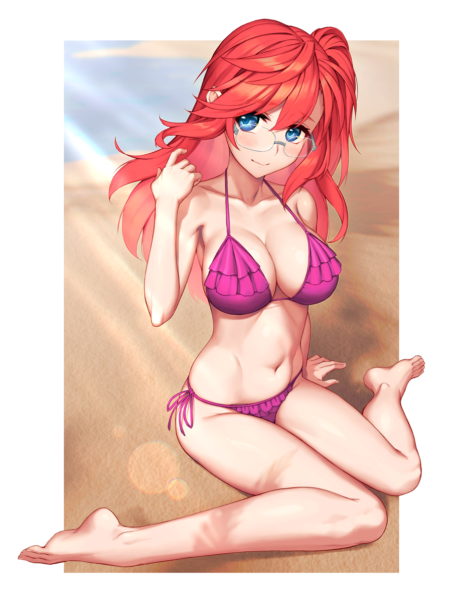 1girl ano_natsu_de_matteru beach bikini blue_eyes closed_mouth glasses highres long_hair purple_bikini red_hair rotix sand sitting smile solo swimsuit takatsuki_ichika