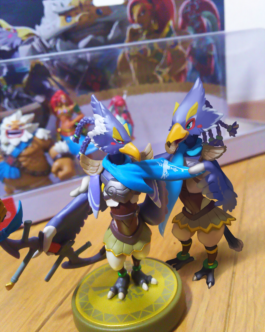 1boy amiibo beak bird_boy bird_legs bird_tail bird_wings blue_eyes blue_scarf blue_tail blue_wings box daruk digitigrade feathered_wings figure furry furry_male gerudo goron legs_apart mipha multicolored_tail multicolored_wings open_mouth photo_(medium) revali rito scarf shadow smile solo standing tail talons the_legend_of_zelda the_legend_of_zelda:_breath_of_the_wild two-tone_wings ukata urbosa white_tail white_wings wings zora