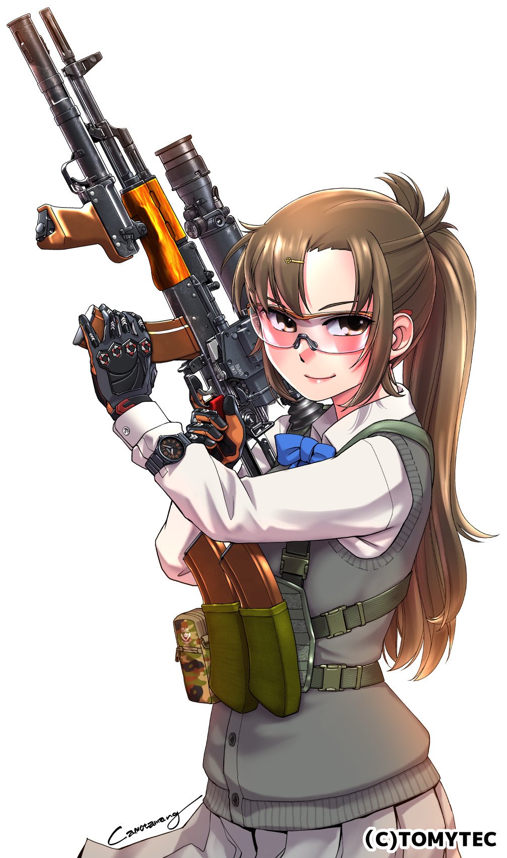 1girl bangs black_gloves blue_bow blue_bowtie blush bow bowtie brown_eyes brown_hair cardigan_vest closed_mouth collared_shirt commentary_request gloves grey_skirt gun hair_ornament hairclip highres holding holding_gun holding_weapon kamotama little_armory long_hair long_sleeves magazine_(weapon) parted_bangs pleated_skirt ponytail safety_glasses school_uniform scope shirt signature simple_background skirt smile solo trigger_discipline very_long_hair watch watermark weapon weapon_request white_background white_shirt wristwatch