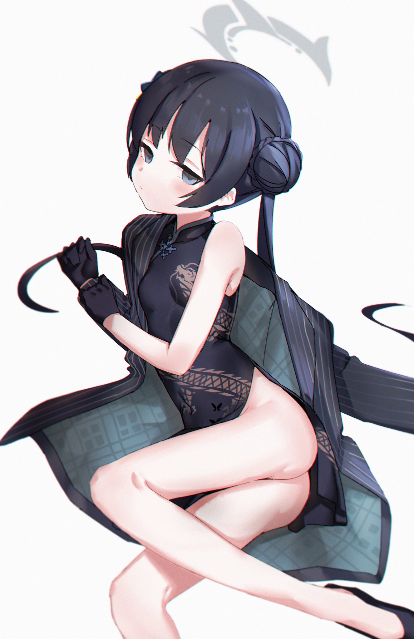 1girl animal_print bangs bare_legs black_dress black_footwear black_gloves black_hair blue_archive blush breasts butterfly_print china_dress chinese_clothes closed_mouth coat dragon_print dress gloves grey_eyes hair_bun halo highres kisaki_(blue_archive) kure_(kure_ng) long_hair long_sleeves looking_at_viewer open_clothes open_coat side_slit simple_background sleeveless solo striped striped_coat twintails very_long_hair