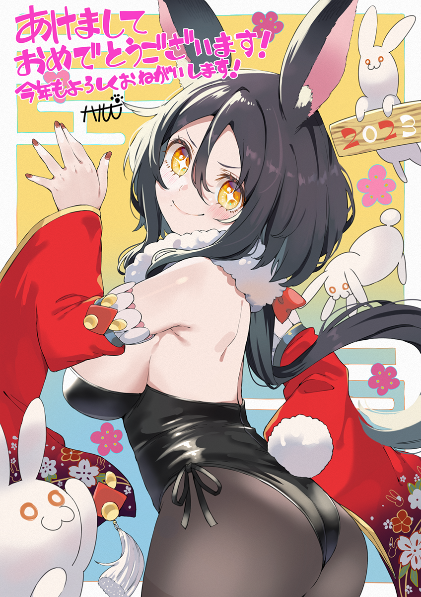 1girl 2023 akeome animal_ears ass backless_leotard black_hair black_leotard breasts chinese_zodiac closed_mouth commentary cross-shaped_pupils detached_sleeves egasumi floral_print from_behind fur_collar grey_pantyhose happy_new_year haruken highres kotoyoro leotard long_hair looking_at_viewer looking_back medium_breasts nengajou new_year original pantyhose print_sleeves rabbit rabbit_ears rabbit_girl rabbit_tail red_sleeves sakuramon side-tie_leotard smile solo standing strapless strapless_leotard symbol-shaped_pupils tail translated year_of_the_rabbit yellow_eyes