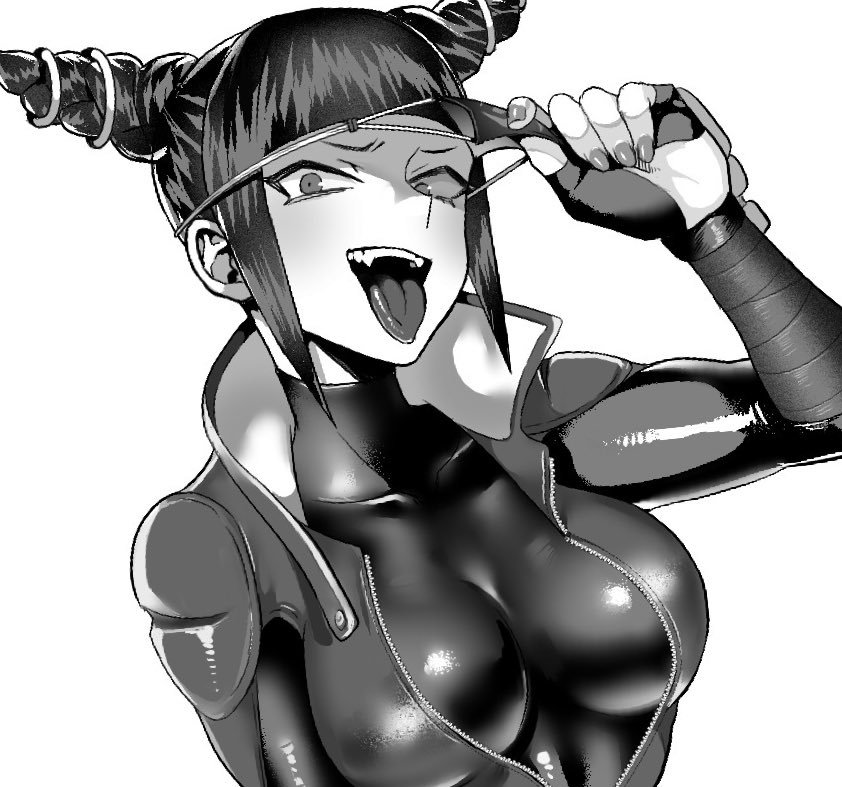 1girl breasts commentary_request cone_hair_bun double_bun eye_(mememem) eyepatch eyepatch_lift fangs fingerless_gloves gloves greyscale hair_bun han_juri impossible_clothes impossible_shirt large_breasts monochrome open_mouth shirt sidelocks smile solo street_fighter street_fighter_v tongue tongue_out turtleneck upper_body zipper