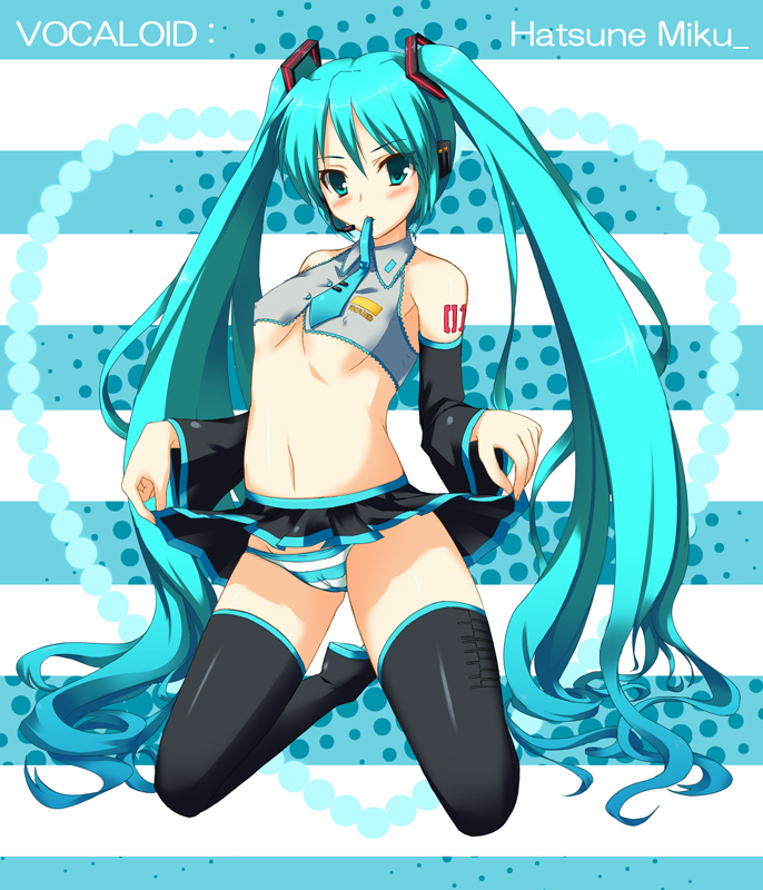 aqua_eyes aqua_hair bad_id bad_pixiv_id blush breasts covered_nipples dassyoku detached_sleeves flat_chest hatsune_miku headphones headset kneeling long_hair midriff mouth_hold navel necktie panties skirt skirt_lift small_breasts solo striped striped_panties thighhighs twintails underboob underwear very_long_hair vocaloid