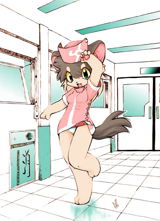 1girl animal_ears barefoot feet female full_body furry indoors momiji_yu-ga nurse panties partially_colored pawpads paws smile solo tail toes underwear