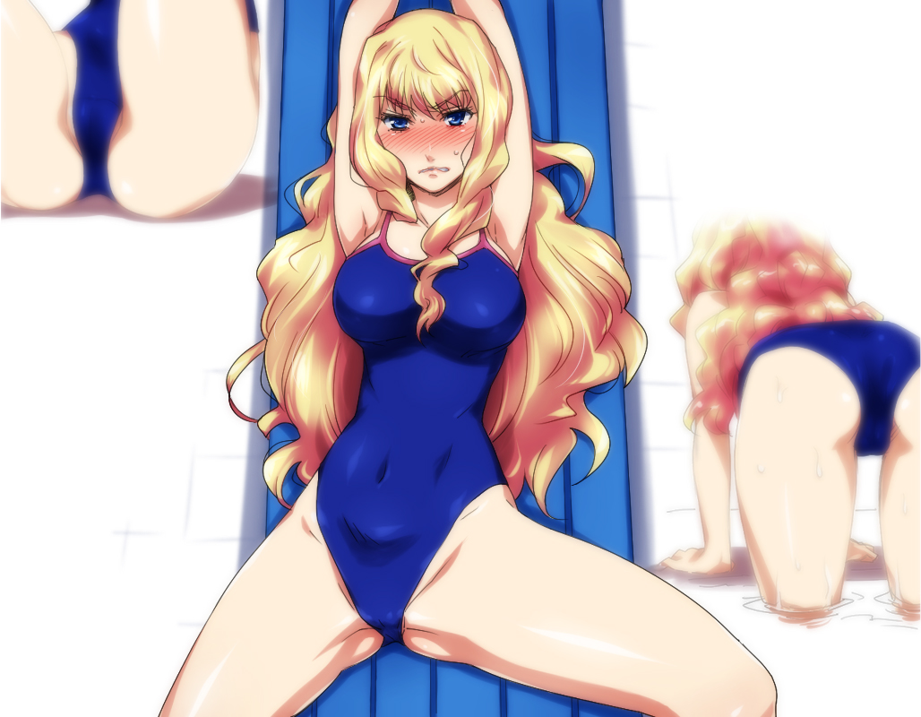 armpits arms_up ass bent_over blonde_hair blue_eyes blush clenched_teeth covered_navel crotch hairu long_hair lying macross macross_frontier multiple_views navel on_back one-piece_swimsuit sheryl_nome spread_legs swimsuit teeth water