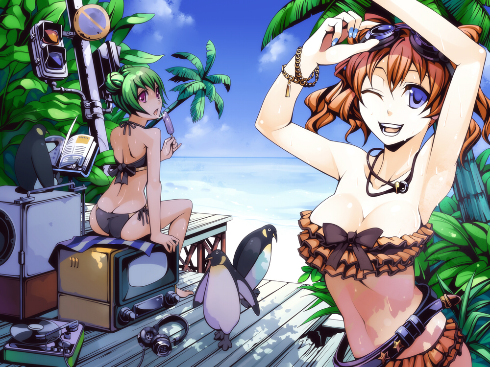 armpits arms_up ass back bandeau belt bikini bird blue_eyes blue_nails book bow bracelet breasts brown_hair butt_crack cleavage double_bun food frilled_bikini frills goggles goggles_on_head green_hair headphones jewelry large_breasts multiple_girls nail_polish navel one_eye_closed open_mouth original palm_tree penguin phonograph pinky_out popsicle record shiny shiny_skin side-tie_bikini sitting smile star sweat swimsuit torigoe_takumi tree turntable