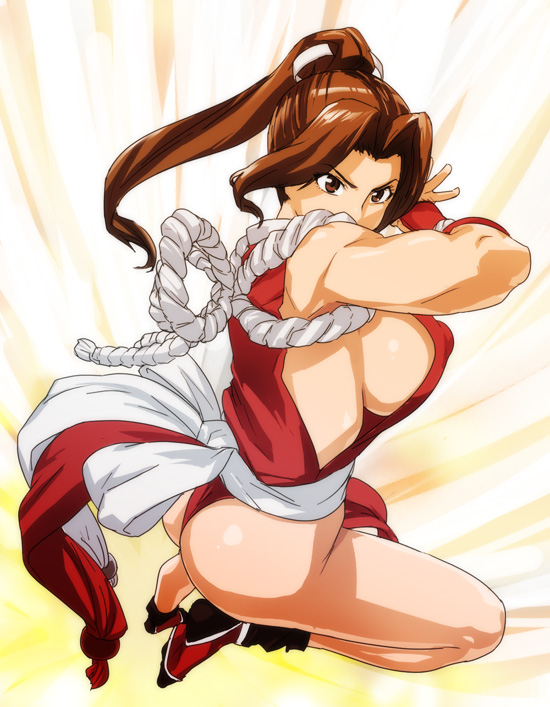 ass breasts brown_eyes brown_hair covered_nipples elbowing fatal_fury large_breasts long_hair ponytail revealing_clothes shiranui_mai sideboob solo the_king_of_fighters usatarou