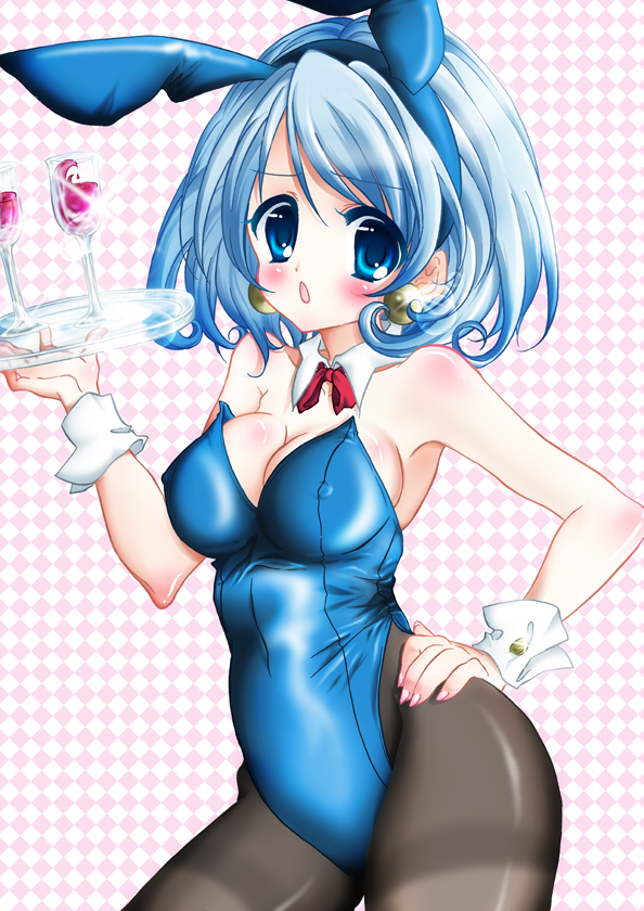 animal_ears bad_id bad_pixiv_id blue_eyes blue_hair blush breasts bunny_ears bunnysuit copyright_request covered_nipples earrings goblet hand_on_hip jewelry large_breasts pantyhose saeka short_hair solo tray