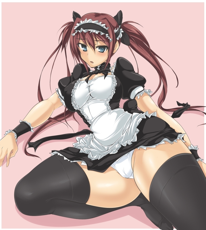 airi_(queen's_blade) black_legwear blue_eyes bow curvy headband impossible_clothes impossible_shirt long_hair maid momio panties queen's_blade red_hair shirt solo thick_thighs thighhighs thighs twintails underwear white_panties wristband