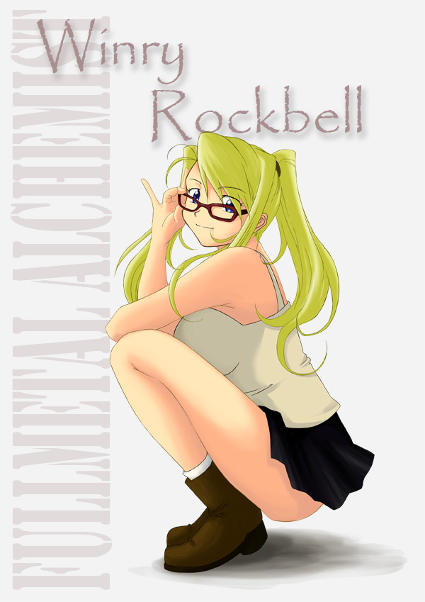 ass bad_id bad_pixiv_id bespectacled blonde_hair breasts fullmetal_alchemist glasses large_breasts long_hair miniskirt shatla skirt solo squatting text_focus winry_rockbell