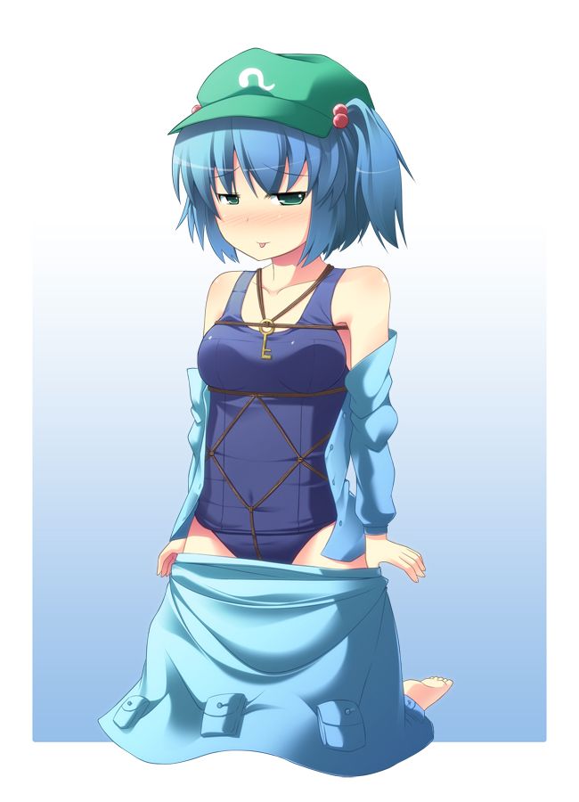 aoinu bare_shoulders bdsm blue_hair blush bondage bound bow crotch_rope green_eyes hair_bobbles hair_bow hair_ornament hat kawashiro_nitori key naughty_face one-piece_swimsuit open_clothes open_shirt rope school_swimsuit shibari shibari_over_clothes shibari_under_clothes shirt short_hair skirt skirt_pull solo swimsuit swimsuit_under_clothes tongue touhou twintails two_side_up undressing