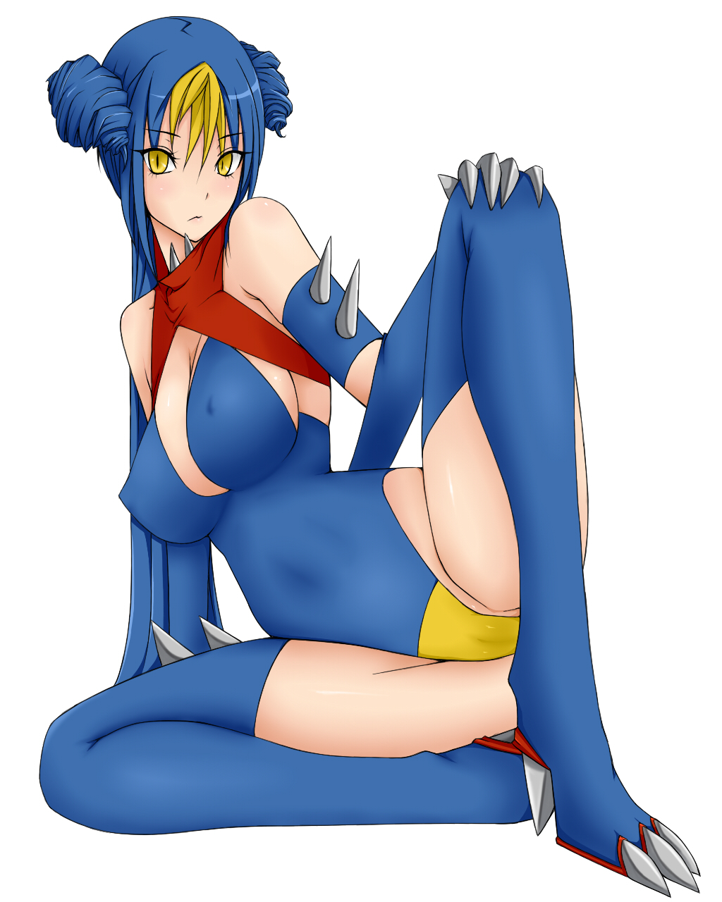 arm_support bare_shoulders blue_hair blue_leotard boots breasts cameltoe claws covered_nipples drill_hair emukon garchomp gen_4_pokemon highres large_breasts leotard long_hair multicolored_hair personification pokemon sitting slit_pupils solo spikes thigh_boots thighhighs two-tone_hair yellow_eyes