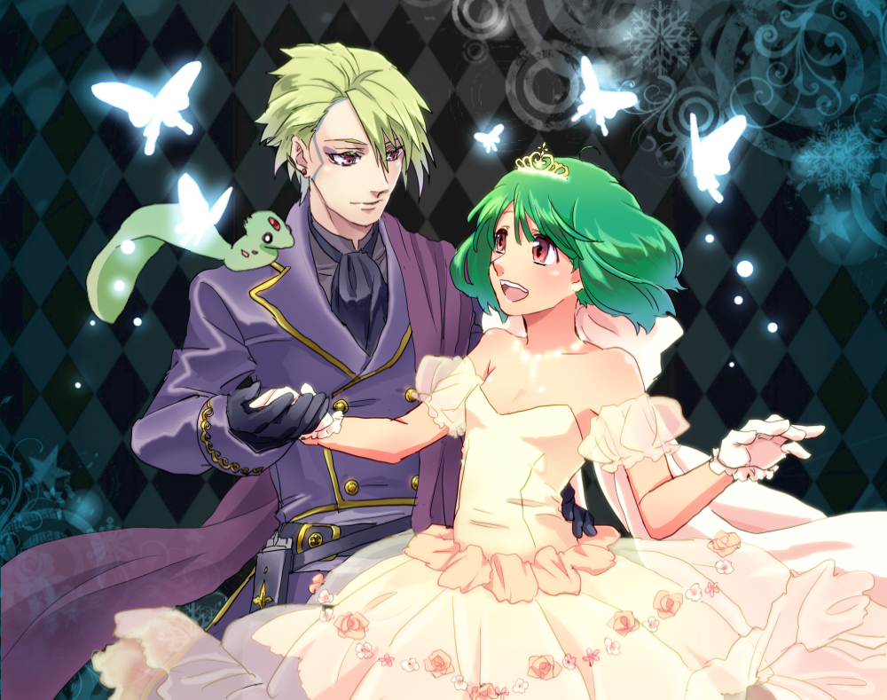 1girl ai-kun alternate_costume alternate_hairstyle ascot asymmetrical_bangs bangs bare_shoulders black_gloves breasts brera_sterne brother_and_sister cero_(cerocero) detached_sleeves double-breasted dress formal gloves green_hair hand_on_another's_hip hand_up looking_at_another macross macross_frontier open_mouth ranka_lee red_eyes see-through short_hair siblings small_breasts smile strapless tiara white_gloves