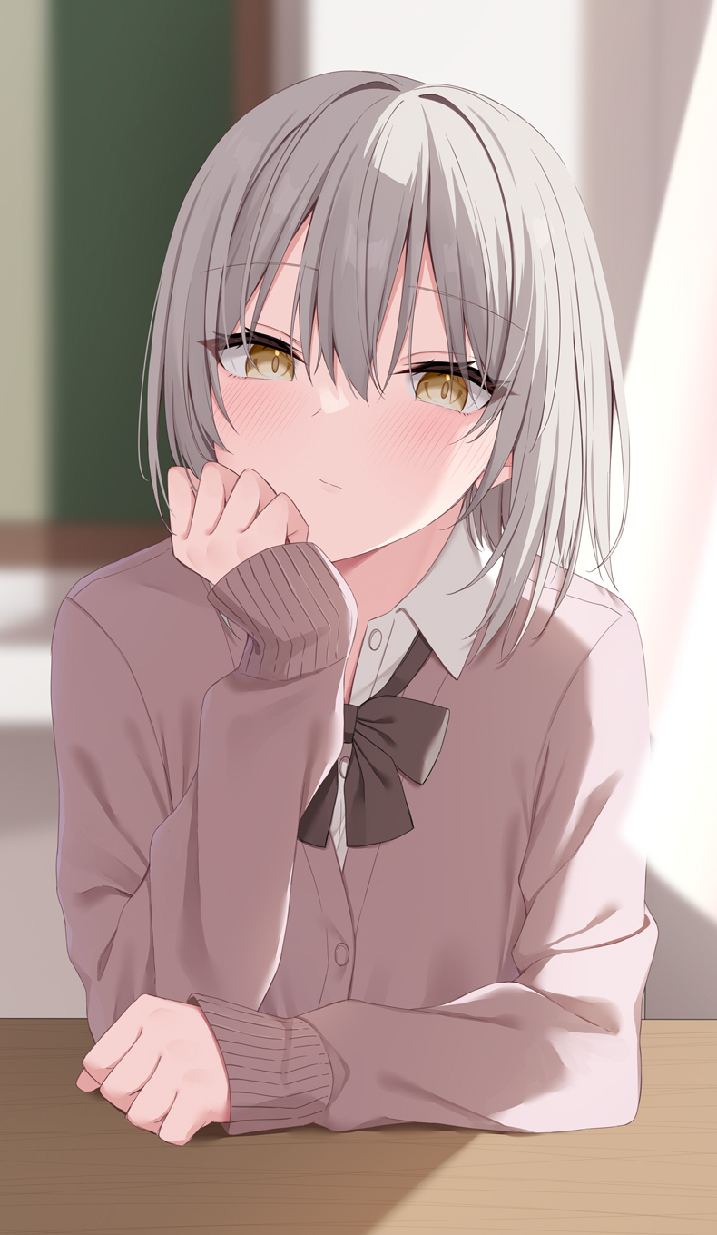 1girl black_bow black_bowtie blush bow bowtie brown_cardigan brown_eyes cardigan classroom closed_mouth collared_shirt grey_hair hand_on_own_cheek hand_on_own_face highres indoors kamu_(geeenius) long_sleeves looking_at_viewer original school_uniform shirt short_hair solo table upper_body white_shirt