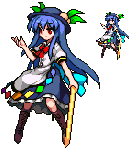 1girl bangs black_headwear blue_hair blue_skirt boots bow bowtie brown_footwear closed_mouth commentary_request food fruit full_body funamushi_nomore hinanawi_tenshi holding holding_sword holding_weapon hopeless_masquerade leaf long_hair lowres peach pixel_art rainbow_order red_bow red_bowtie red_eyes short_sleeves simple_background skirt smile solo sword sword_of_hisou touhou weapon white_background