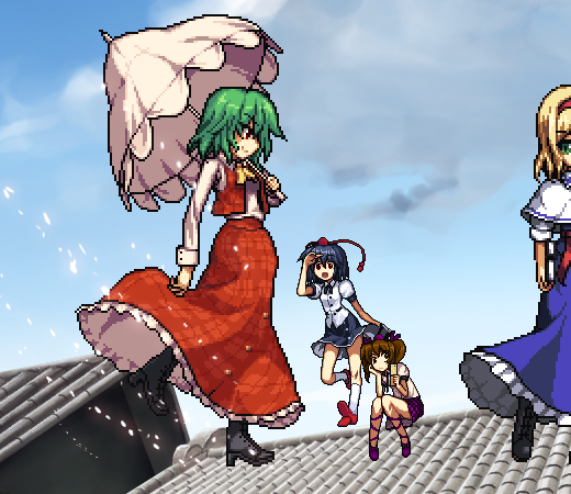 4girls alice_margatroid ascot black_footwear black_hair black_skirt blonde_hair blue_eyes brown_hair capelet commentary_request green_hair hairband hat high_heels himekaidou_hatate holding holding_umbrella hopeless_masquerade kazami_yuuka looking_at_another matsuki_akira multiple_girls outdoors pixel_art plaid plaid_skirt plaid_vest purple_headwear red_eyes red_hairband red_headwear red_skirt red_vest rooftop shameimaru_aya shirt short_hair skirt sky tokin_hat touhou umbrella vest white_capelet white_shirt white_umbrella yellow_ascot