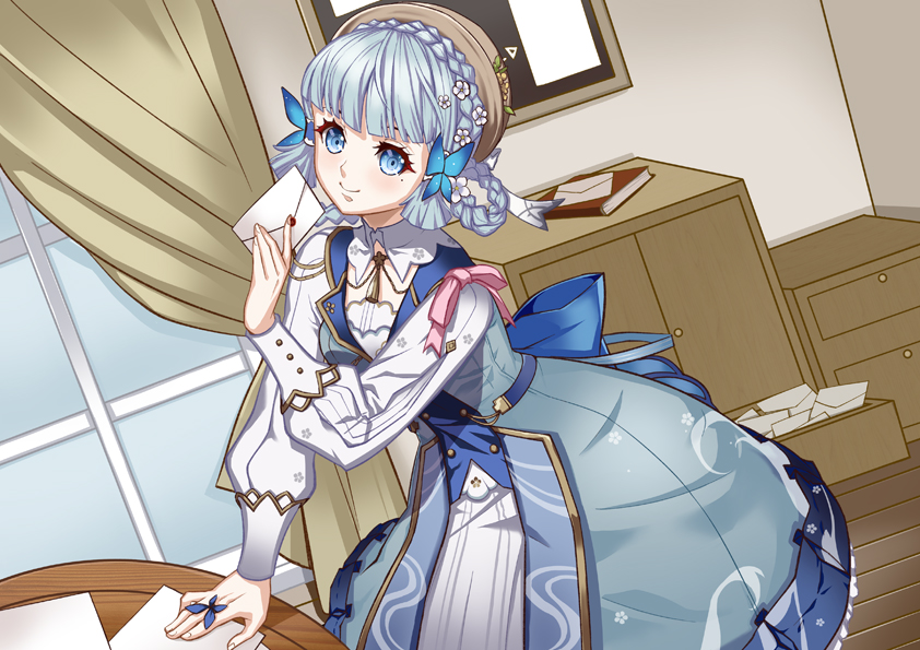 1girl azuma_reiji bangs blue_dress blue_eyes blue_hair blunt_bangs braid butterfly_hair_ornament butterfly_ring closed_mouth collar commentary_request curtains dress flower genshin_impact hair_flower hair_ornament hair_up hat hat_flower hat_ribbon holding holding_letter indoors kamisato_ayaka kamisato_ayaka_(springbloom_missive) letter light_blue_hair long_sleeves looking_at_viewer mole mole_under_eye official_alternate_costume puffy_long_sleeves puffy_sleeves ribbon smile solo table white_collar white_ribbon window