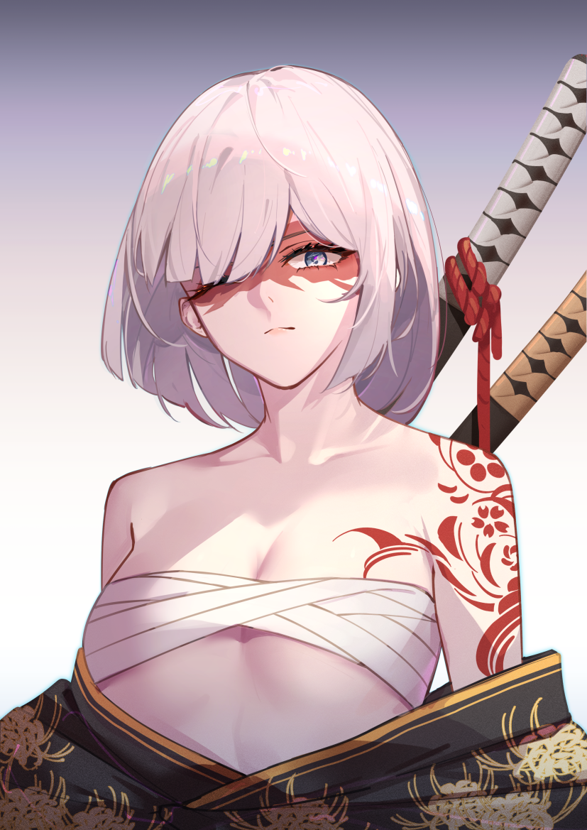 1girl arm_tattoo bangs bare_arms bare_shoulders black_kimono blue_eyes blunt_bangs bob_cut breast_tattoo breasts budget_sarashi chest_sarashi cleavage closed_mouth collarbone commentary_request faicha gradient_background hair_over_one_eye head_tilt japanese_clothes katana kimono looking_at_viewer medium_hair multiple_swords off_shoulder one_eye_closed original partially_undressed print_kimono sarashi sheath sheathed small_breasts solo staring swept_bangs sword sword_on_back tattoo weapon weapon_on_back white_hair