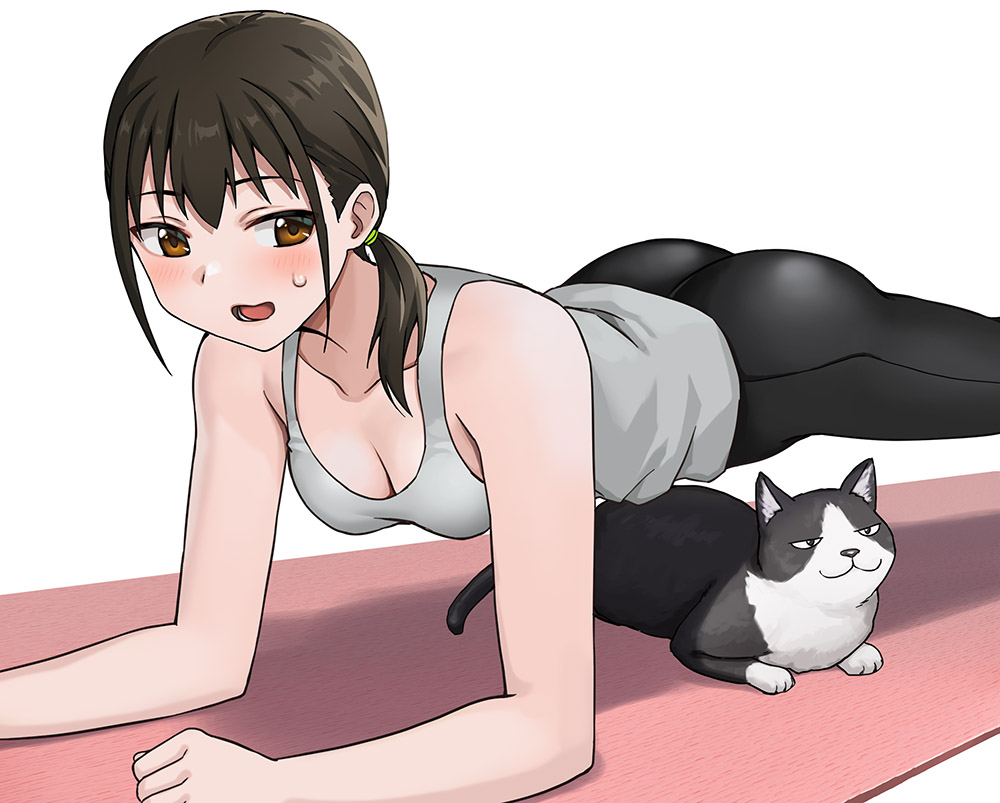 1girl :3 animal ass black_hair breasts brown_eyes brown_hair cat cleavage exercise hashi leggings original ponytail solo sweatdrop tank_top white_background