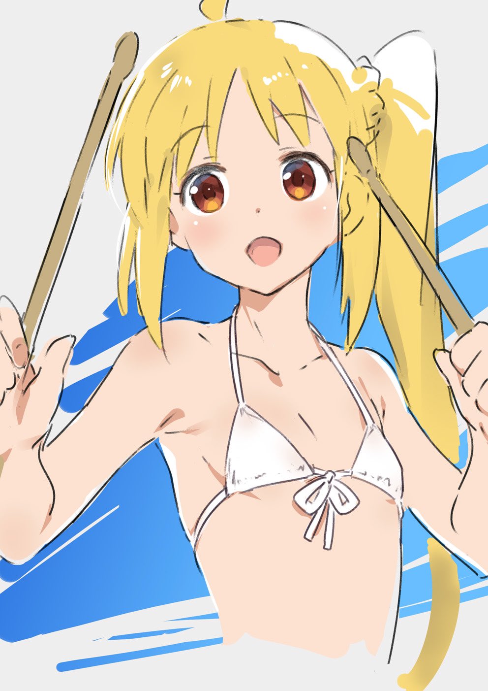 1girl ahoge bangs bare_arms bare_shoulders bikini blonde_hair bocchi_the_rock! brown_eyes drumsticks flat_chest front-tie_bikini_top front-tie_top highres ijichi_nijika kawata_hisashi long_hair micro_bikini side_ponytail sidelocks sketch solo string_bikini swimsuit upper_body white_bikini