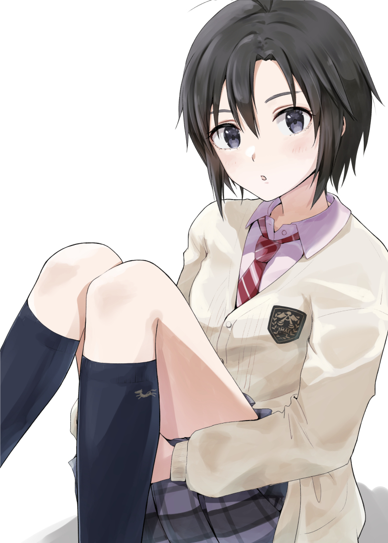 1girl :o antenna_hair bangs black_eyes black_hair black_skirt black_socks blush breasts cardigan commentary crest diagonal-striped_necktie diagonal_stripes dress_shirt feet_out_of_frame from_side hair_between_eyes holding holding_clothes holding_skirt hugging_own_legs idolmaster idolmaster_(classic) kikuchi_makoto kneehighs knees_together_feet_apart knees_up looking_at_viewer looking_to_the_side mogskg necktie on_ground pink_shirt plaid plaid_skirt pursed_lips red_necktie school_uniform shadow shirt short_hair simple_background sitting skirt small_breasts socks solo striped v-neck white_background white_cardigan