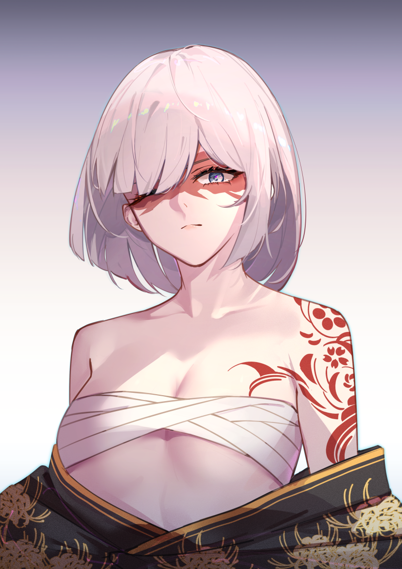 1girl arm_tattoo bangs bare_arms bare_shoulders black_kimono blue_eyes blunt_bangs bob_cut breast_tattoo breasts budget_sarashi chest_sarashi cleavage closed_mouth collarbone commentary_request faicha gradient_background hair_over_one_eye head_tilt japanese_clothes kimono looking_at_viewer medium_hair off_shoulder one_eye_closed original partially_undressed print_kimono sarashi small_breasts solo staring swept_bangs tattoo white_hair