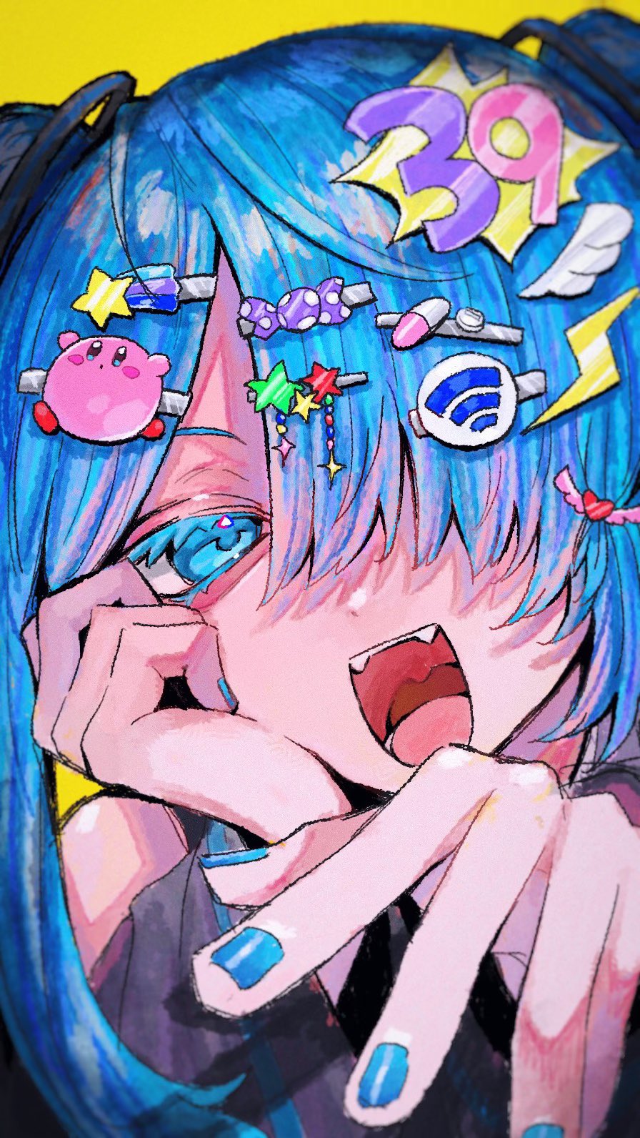1girl bangs bare_shoulders black_sleeves blue_eyes blue_hair blue_nails blurry candy_hair_ornament depth_of_field detached_sleeves dokusanchu fangs food-themed_hair_ornament hair_ornament hair_over_one_eye half-closed_eyes hand_on_own_cheek hand_on_own_face hands_up hatsune_miku head_rest head_tilt heart heart_hair_ornament highres kirby kirby_(series) lightning_bolt_hair_ornament lightning_bolt_symbol long_hair long_sleeves looking_at_viewer open_mouth outstretched_hand parted_bangs pill_hair_ornament portrait shooting_star_(symbol) simple_background smile solo star_(symbol) star_hair_ornament too_many_hairclips twintails vocaloid wifi_symbol wing_hair_ornament yellow_background