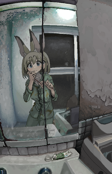 1girl :q animal_ear_fluff animal_ears bad_hands bathroom blonde_hair blue_eyes breasts closed_mouth collarbone commentary_request cowboy_shot dithering green_pajamas green_pants green_shirt hands_up holding holding_toothbrush i_love_serval indoors jaggy_lines kemono_friends looking_at_mirror looking_at_viewer medium_breasts medium_hair mirror oekaki pajamas pants serval_(kemono_friends) shirt smile solo standing tail tareme tile_wall tiles tongue tongue_out toothbrush toothpaste washing_machine window
