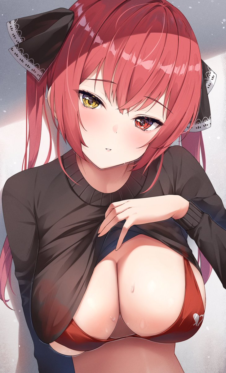 1girl arrow_through_heart bangs bikini black_sweater breasts cleavage clothes_lift hair_ribbon heterochromia highres hololive houshou_marine iroha_(unyun) large_breasts lifted_by_self long_hair long_sleeves looking_at_viewer parted_lips red_bikini red_eyes red_hair ribbon sidelocks solo sweater sweater_lift swimsuit twintails upper_body virtual_youtuber yellow_eyes
