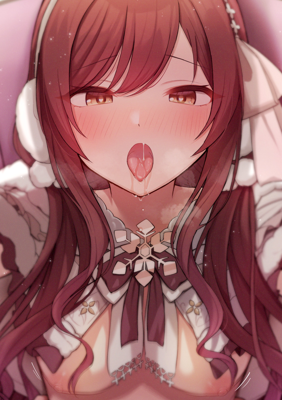 1girl arakumachikano bangs blush breasts capelet fur_capelet fur_trim hair_bobbles hair_ornament hairband half-closed_eyes heart heart-shaped_pupils heavy_breathing highres hood hood_down idolmaster idolmaster_shiny_colors long_hair low_twintails medium_breasts nipples nude official_alternate_costume official_alternate_hairstyle open_mouth osaki_amana pov red_hair saliva solo sweat swept_bangs symbol-shaped_pupils tongue tongue_out twintails yellow_eyes