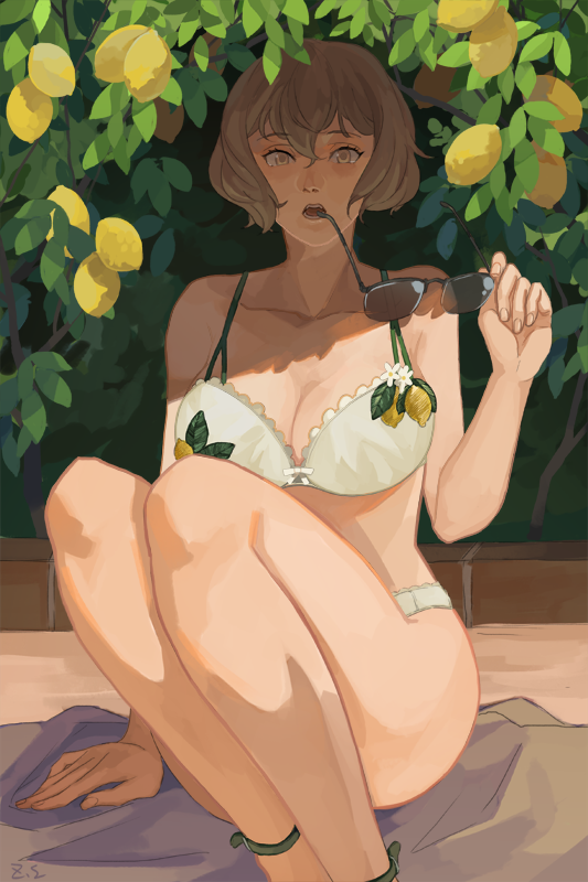 1girl bangs bikini blonde_hair breasts bush cleavage feet_out_of_frame food fruit genderswap genderswap_(mtf) hair_between_eyes higekiri_(touken_ranbu) holding holding_eyewear large_breasts lemon looking_at_viewer open_mouth short_hair solo sunglasses swimsuit touken_ranbu white_bikini yellow_eyes zi_tsas