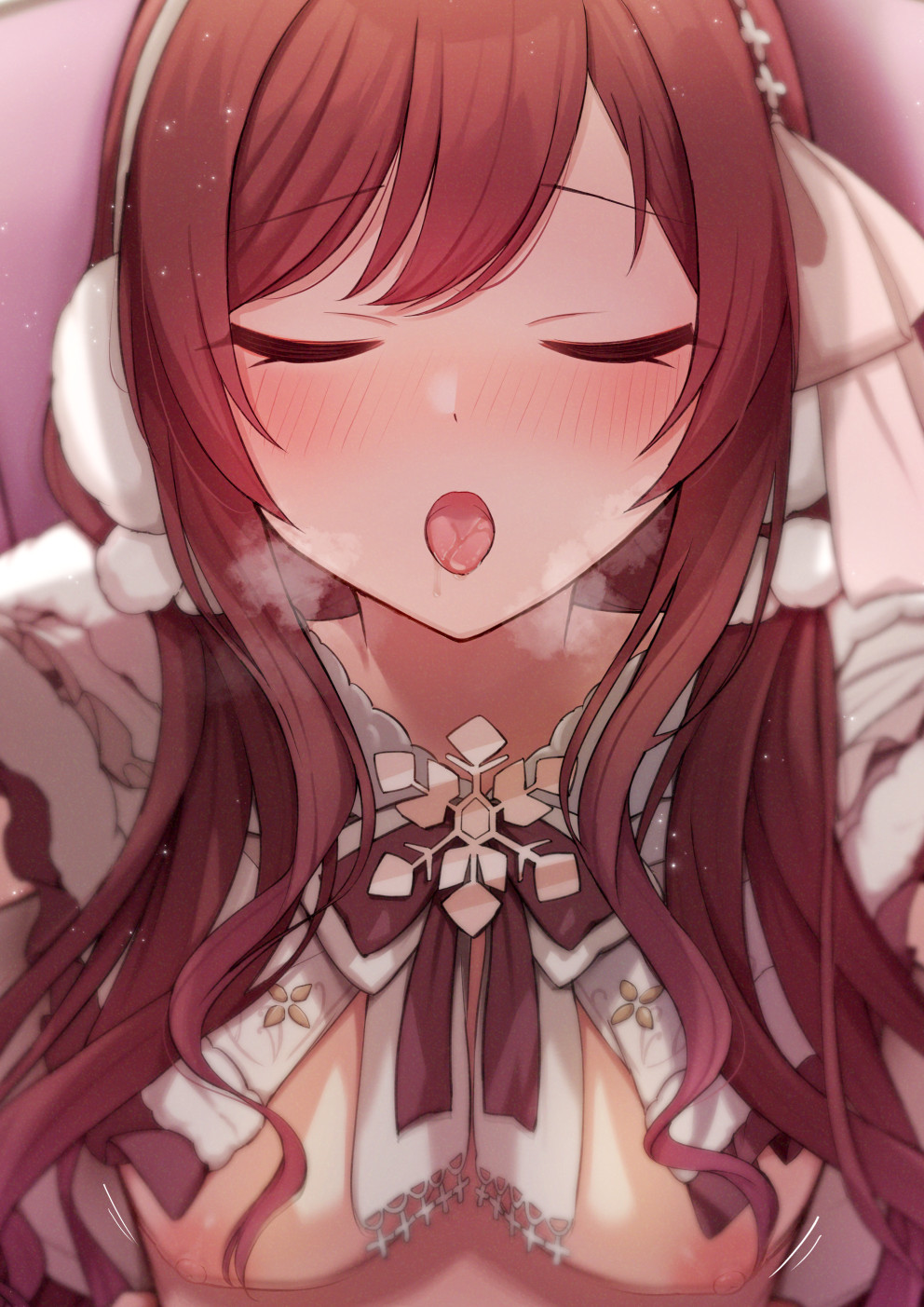 1girl arakumachikano bangs blush breasts capelet closed_eyes fur_capelet fur_trim hair_bobbles hair_ornament hairband heavy_breathing highres hood hood_down idolmaster idolmaster_shiny_colors long_hair low_twintails medium_breasts nipples nude official_alternate_costume official_alternate_hairstyle open_mouth osaki_amana pov red_hair solo sweat swept_bangs tongue tongue_out twintails